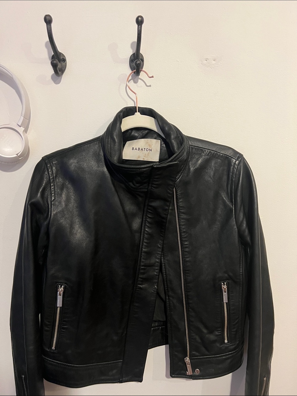 Babaton Black Leather Moto Jacket with Zip Details - Picture 2 of 4